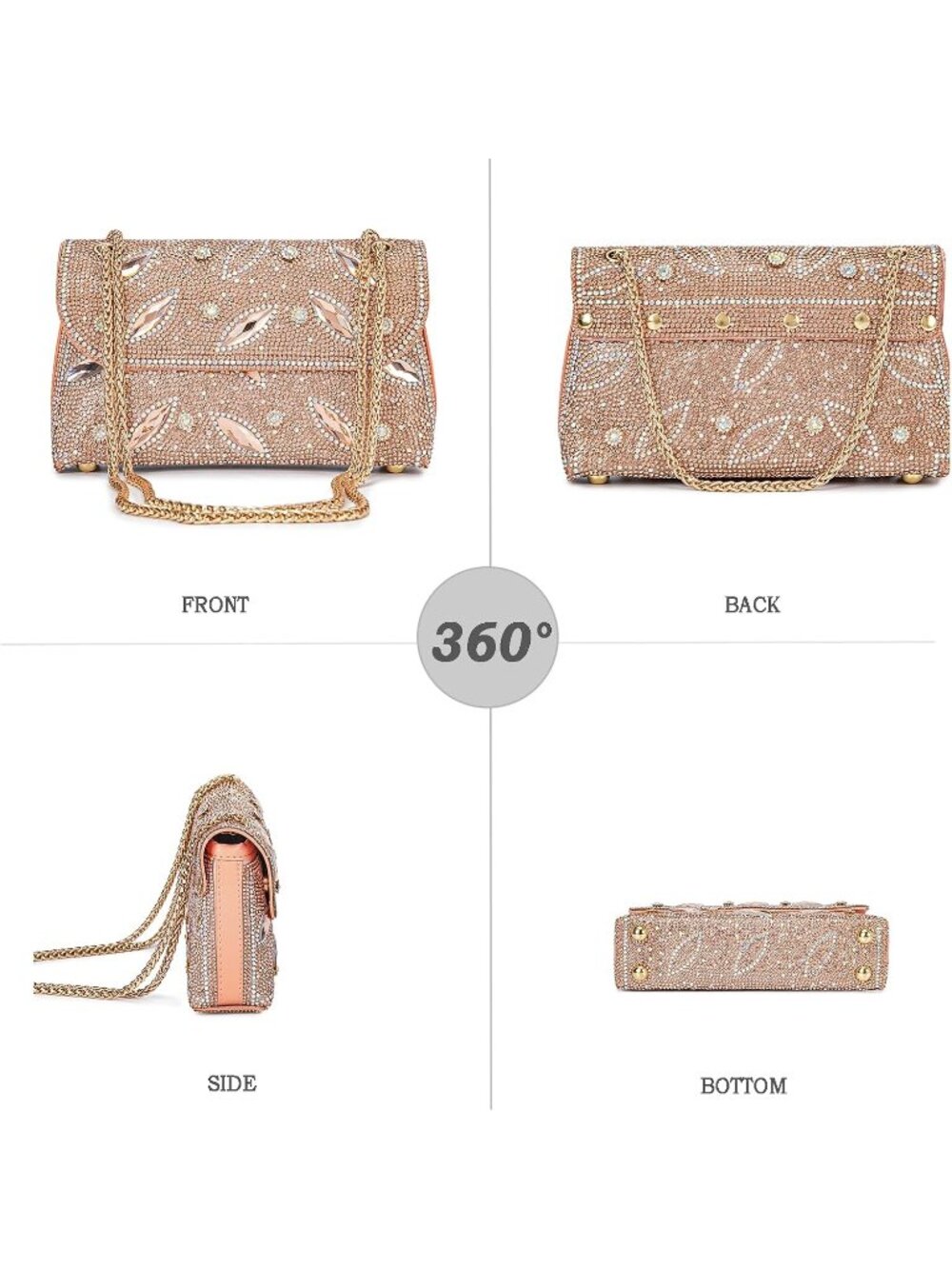 〽️Women's Tan Crystals Rhinestone Chain Strap Square Flower Evening Handbags - Picture 5 of 6